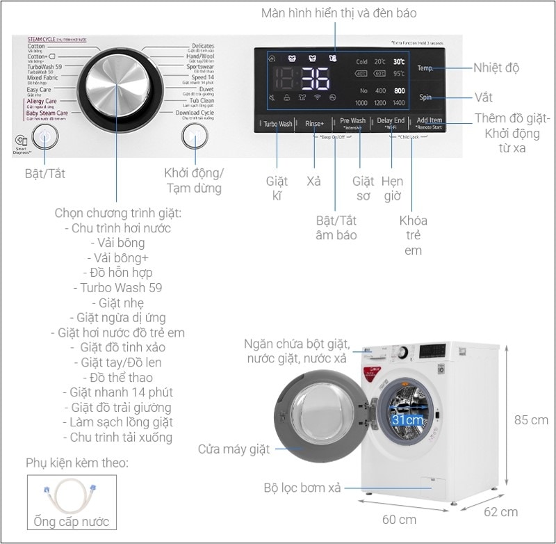 Kích thước máy giặt cửa trước LG 9kg FV1409S2W