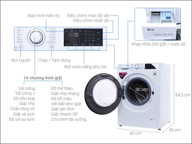  Kích thước máy giặt cửa trước LG 7.5kg FC1475N5W2