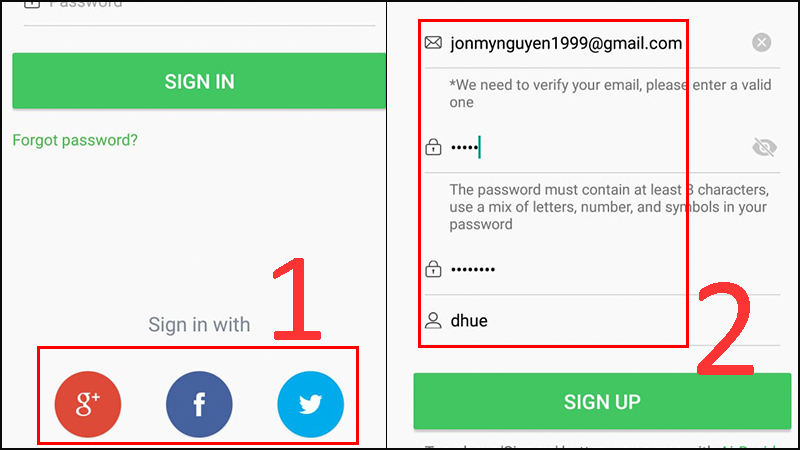 có thể đăng nhập nếu đã có tài khoản Facebook, Google hoặc Twiter > Nếu chưa có tài khoản thì tại mục SIGN UP nhập thông tin cá nhân để đăng ký.