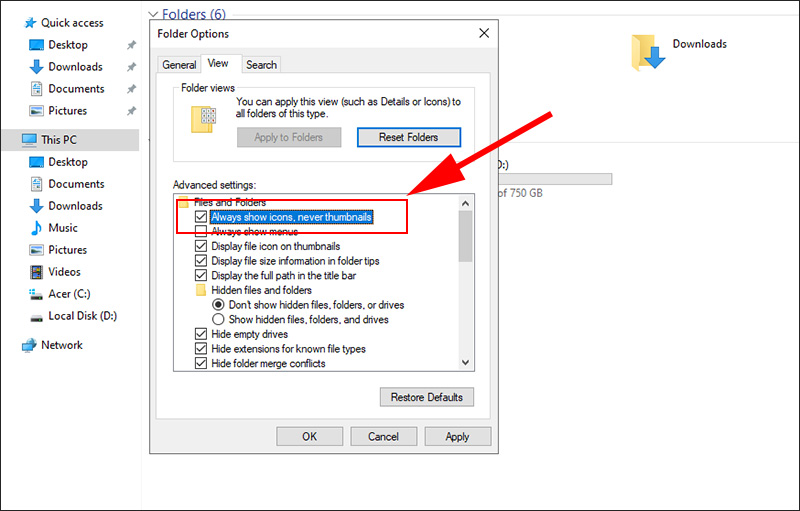 Chọn Always show icons, never thumbnails