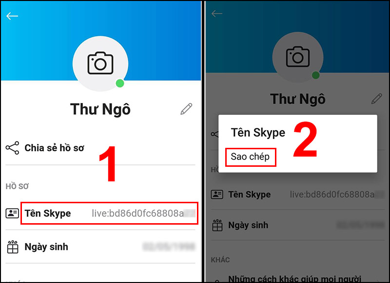 Bước 3: Tên Skype ID hiển thị, bạn nhấn giữ vào Tên Skype