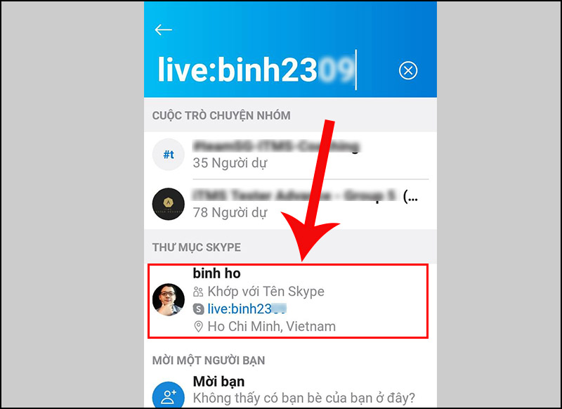 Bước 2: Kết quả hiển thị chính là tài khoản Skype của người mà bạn muốn tìm kiếm.