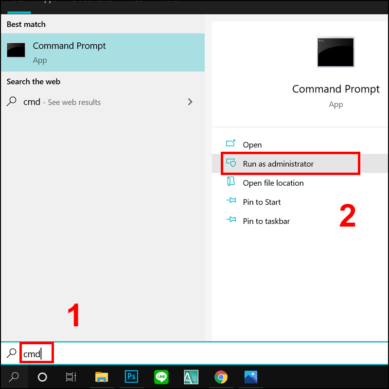 Mở CMD dưới quyền Admin