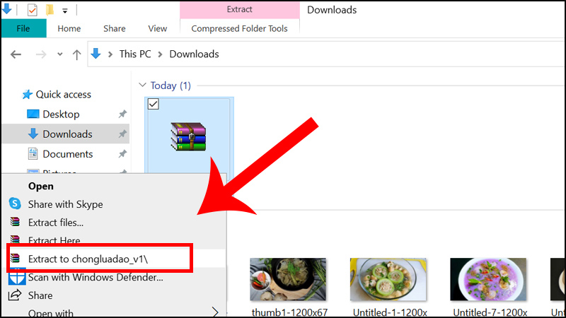 Nhấn chuột phải vào tệp vừa tải xuống và chọn Extrac to chongluadao_v1\.