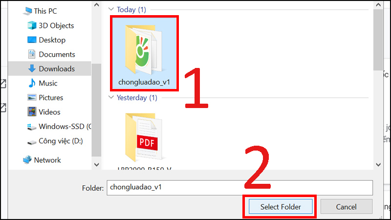 Chọn file chongluadao_v1 > Nhấn vào Select Folder để tải lên tiện ích.