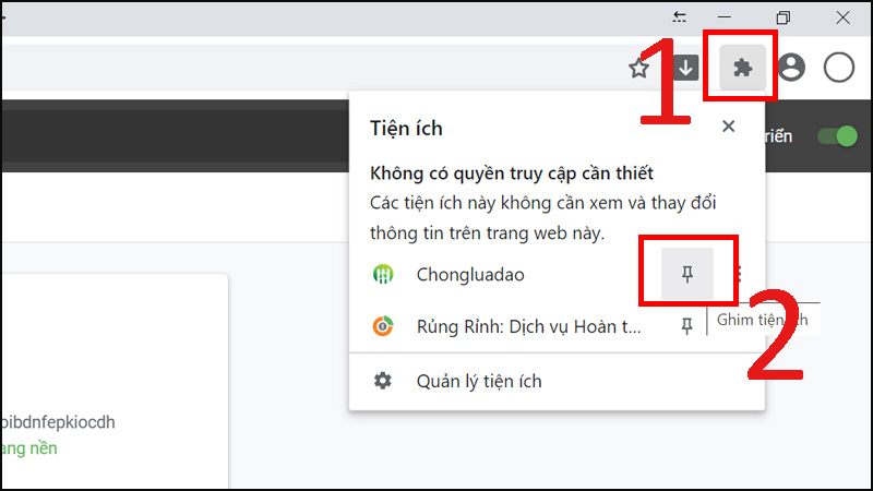  Nhấn vào Tiện ích > Chọn Ghim tiện ích để hoàn tất cài đặt.