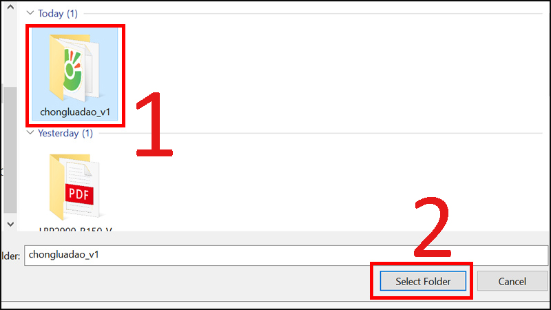 Chọn file chongluadao_v1 > Nhấn vào Select Folder để tải lên tiện ích.
