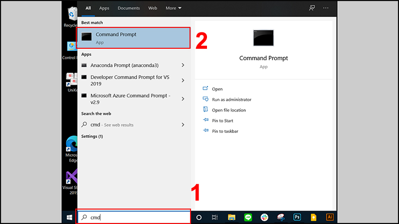 Nhập CMD vào khung tìm kiếm trong menu Start 