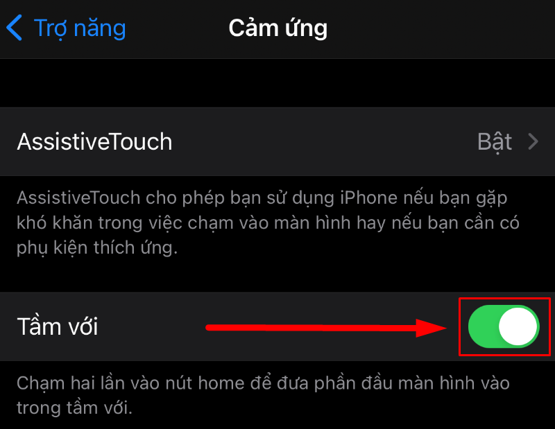 Chọn Tầm với (Reachability), bật công tắc chuyển thành màu xanh