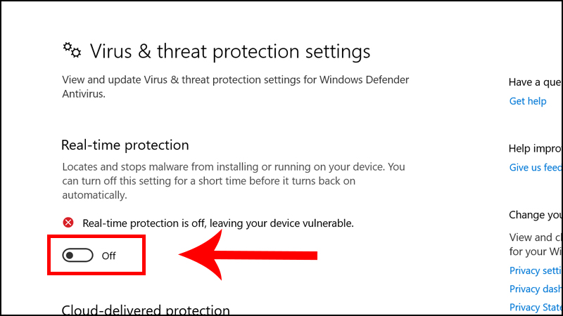 Chuyển trạng thái Off ở mục Real-time protection