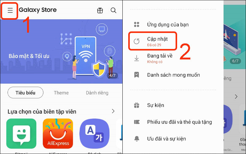 Nhấn vào mục Cập nhật trong Galaxy Store