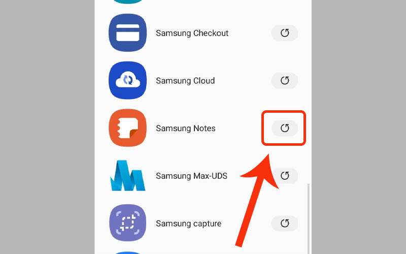 Chọn biểu tượng cập nhật bên cạnh mục Samsung Notes