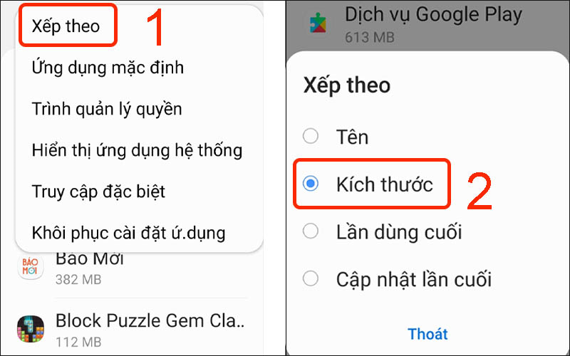 Nhấn vào Kích thước trong phần sắp xếp