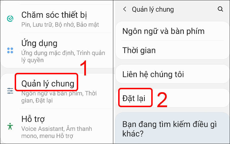 Chọn mục Đặt lại trong quản lý chung