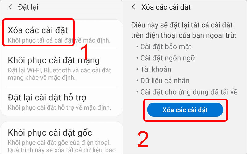 Chọn Xóa các Cài đặt