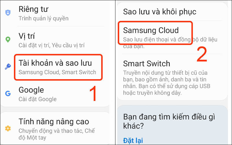 Nhấn vào Samsung Cloud trong tài khoản và sao lưu