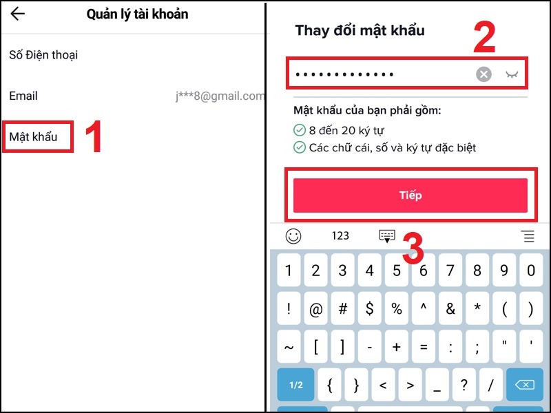 Vào Mật khẩu > Điền mật khẩu mới > Bấm Tiếp và xác nhận để hoàn thành.