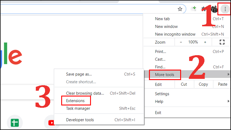  nhấn vào biểu tượng dấu ba chấm > Chọn More tools (Thêm tiện ích) > Chọn Extensions ( Tiện ích mở rộng).