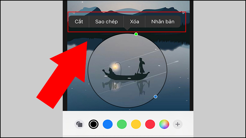Và khi nhấp một lần vào hình tròn, bạn sẽ được cung cấp các tùy chọn để thao tác như cắt, sao chép, xóa và nhân bản phần nội dung ảnh đang được xử lí.