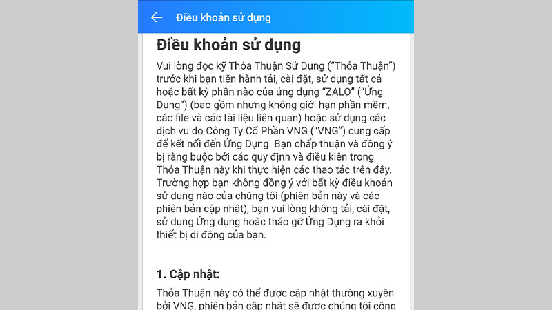 Các điều khoản sử dụng của Zalo