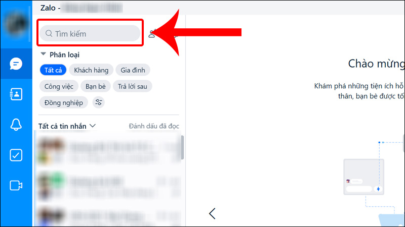 Vào ứng dụng Zalo trên PC và di chuyển đến mục Tìm kiếm
