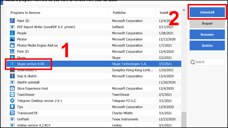 gỡ cài đặt Skype trên máy tính