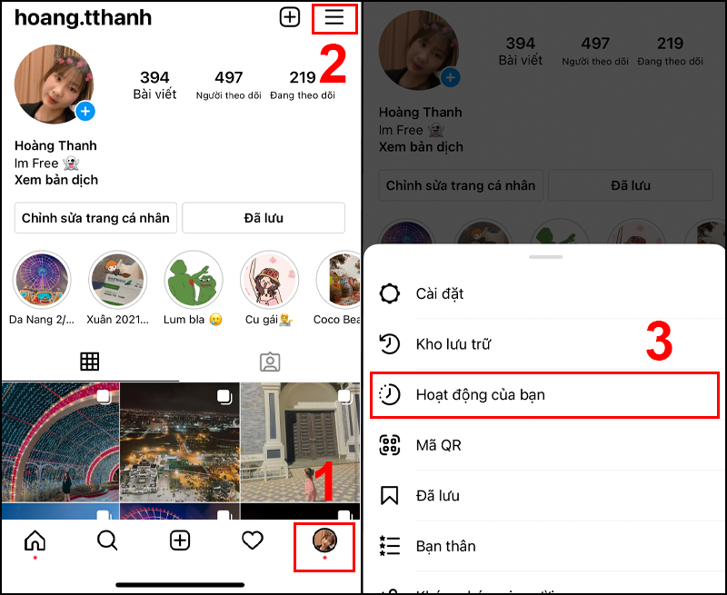 Nhấn vào Hoạt động của bạn trong menu 