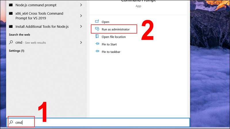 chạy Command Prompt dưới quyền Admin