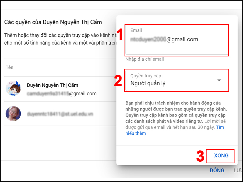 Chọn quyền cho người quản lý
