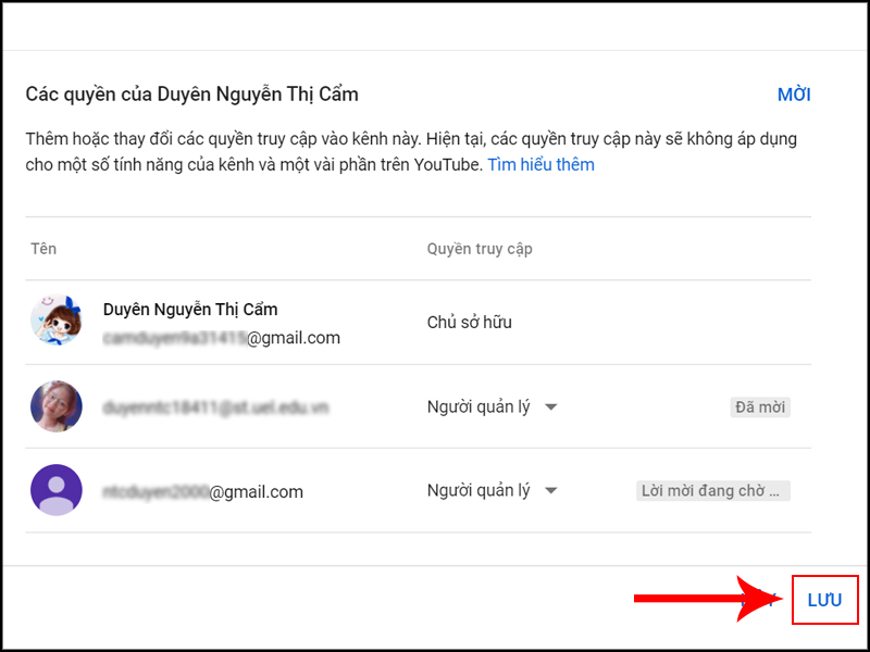 Nhấn Lưu để xác nhận quyền quản lý