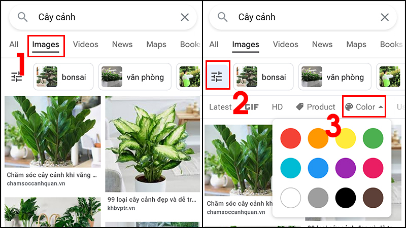 Bước 2: Chọn Images trên thanh công cụ bên dưới khu vực thanh tìm kiếm ở đầu trang > Chọn biểu tượng bộ lọc > Chọn Color.