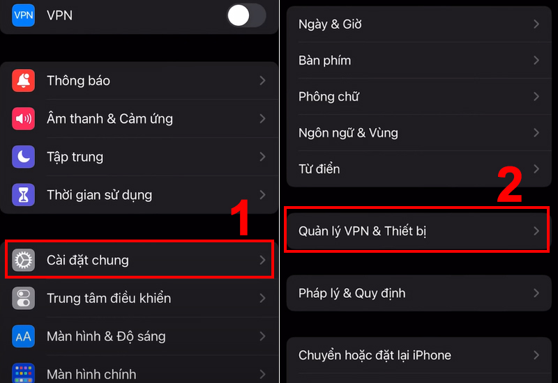 Vào Cài đặt chung và chọn Quản lý VPN & Thiết bị