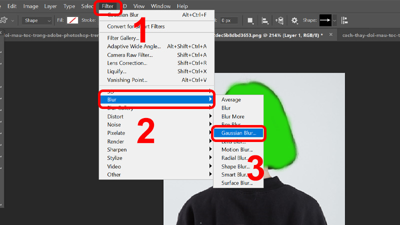 Làm rõ nét mái tóc vào Filter chọn Blur chọn Gaussian Blur