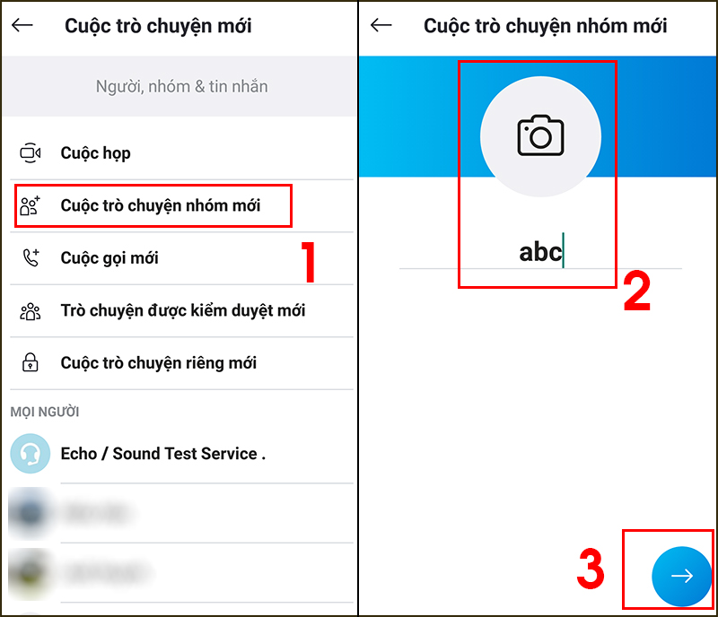 Bước 2: Chọn Cuộc trò chuyện nhóm mới > Đặt tên và tạo avatar cho cuộc trò chuyện > Nhấn mũi tên ở góc phải để tiếp tục.