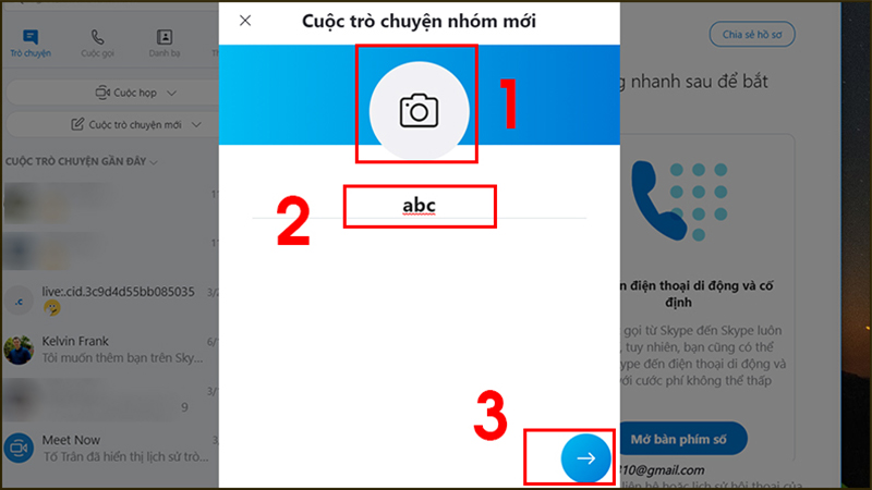 Bước 4: Pop-up hiện lên, tạo avatar cho nhóm > Đặt tên cho cuộc trò chuyện > Nhấn mũi tên ở góc phải để tiếp tục.