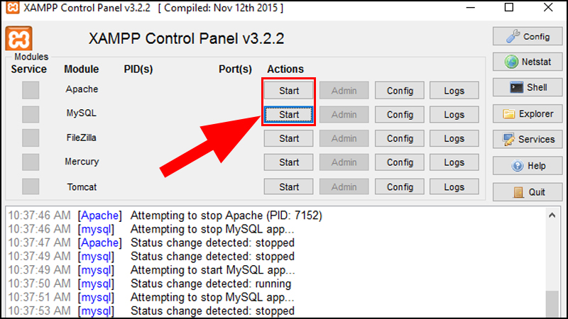 Nhấn nút Start của 2 ứng dụng Apache và MySQL