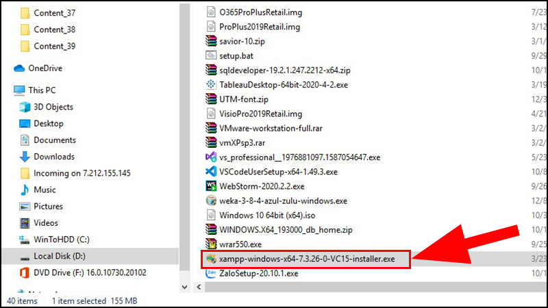 Chọn tệp tin có đuôi .exe để khởi chạy Xampp