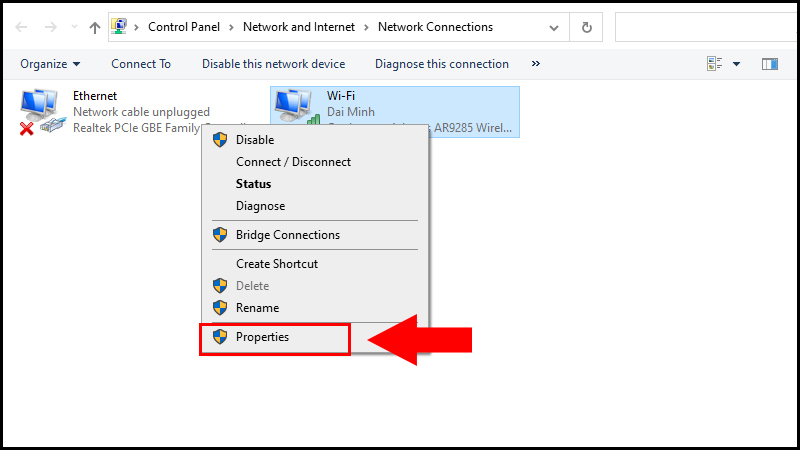 Chọn mục Properties tại mạng đang gặp vấn đề