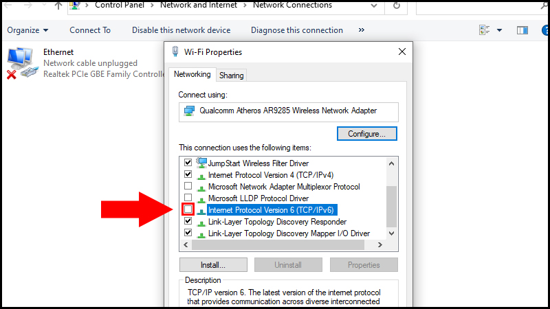 Bỏ đánh dấu tại mục Internet Protocol Version 6