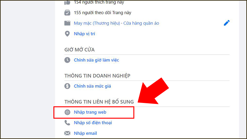 Nhấn vào Nhập trang web tại Thông tin liên hệ bổ sung.