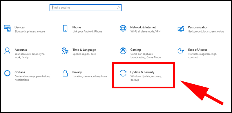 Chọn Update & Security trong phần Settings 