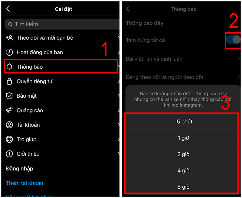 Tạm dừng thông báo trên cài đặt của Instagram