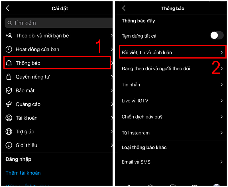 Truy cập cài đặt thông báo Bài viết, tin và bình luận trên Instagram