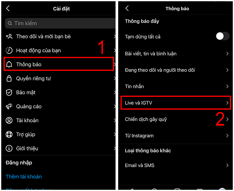 Truy cập cài đặt thông báo Live và IGTV trên Instagram