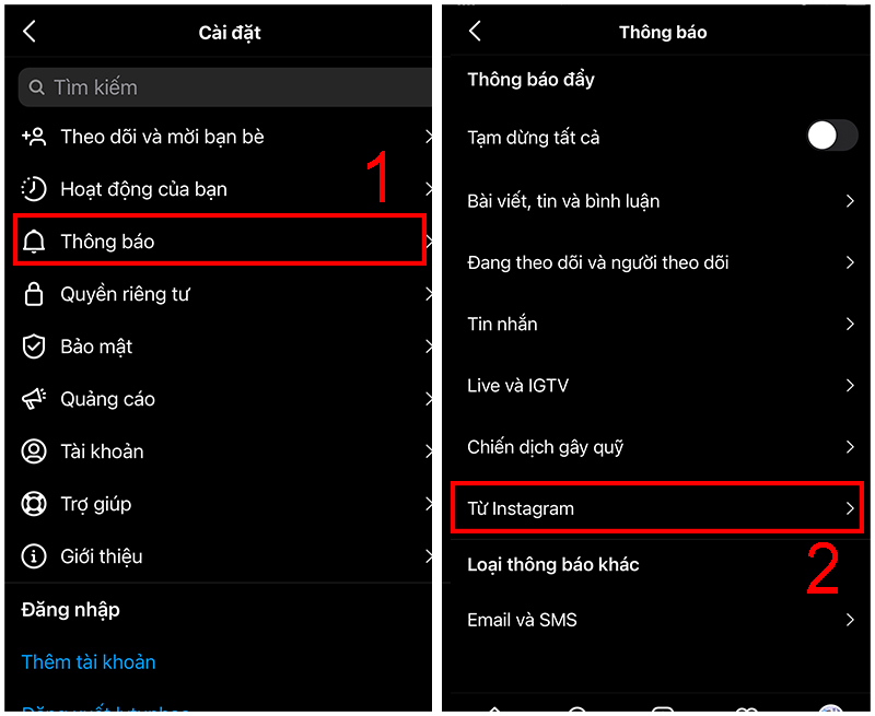 Truy cập cài đặt thông báo Từ Instagram
