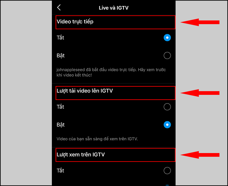 Tuỳ chỉnh thông báo Live và IGTV