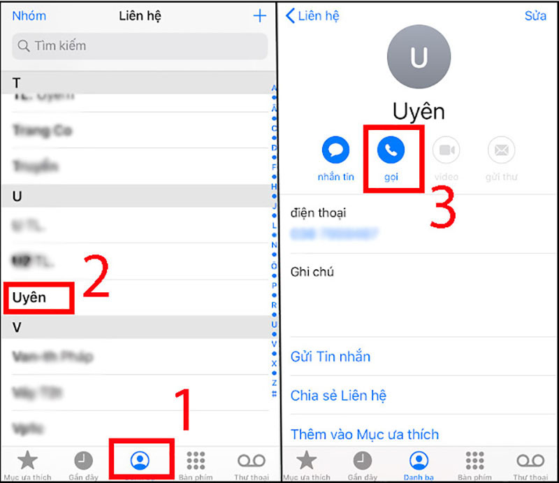 Gọi điện thông qua mục Danh bạ trong ứng dụng Điện thoại