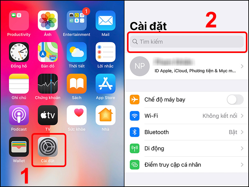 Vào Cài đặt và Chọn mục Tìm kiếm