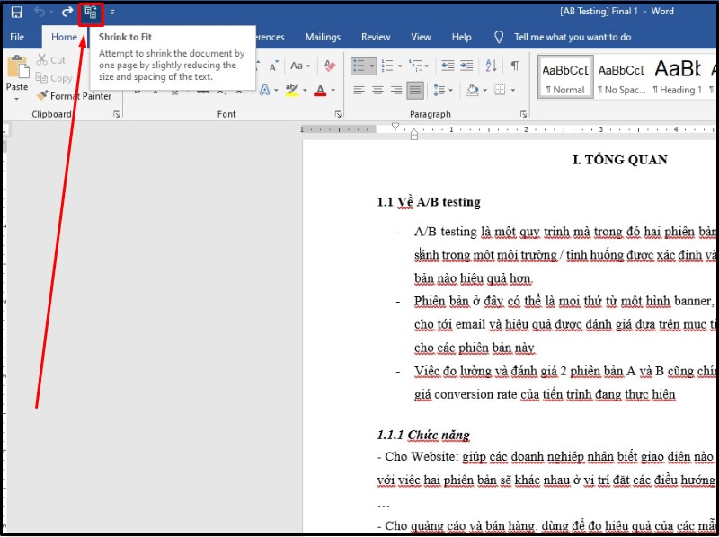 Thu nhỏ văn bản bằng cách nhấn vào biểu tượng Shrink One Page