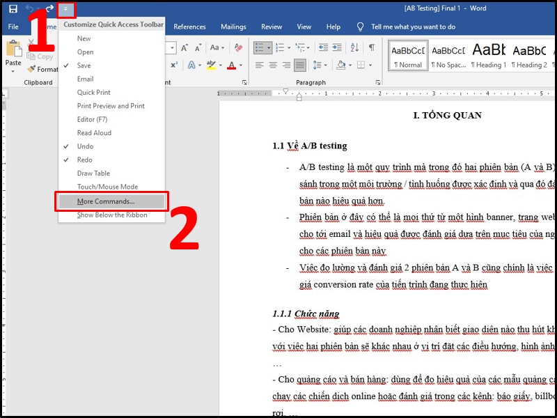 Chọn More Commands qua biểu tượng Quick Access ở thanh Toolbar